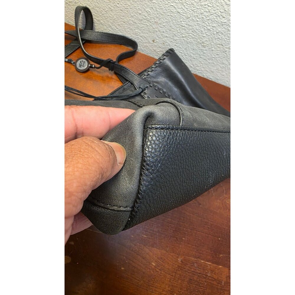 The Sak Black Leather Tote Bag Braided Trim & Tassel Accents Zip Closure Size L - Picture 10 of 11